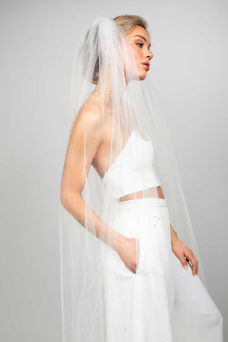 Pixie Crystal Cathedral Veil by Ariel Taub at Mae Bridal, crystal veil, cathedral wedding veil