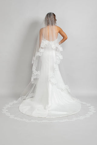 Ariel Taub Queenly Two-Tier Cathedral Floral Lace Veil at Mae Bridal, two tier floral lace veil, cathedral wedding veil, bridal veil