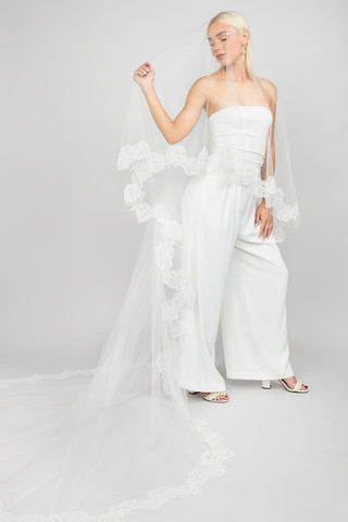 Queenly Two-Tier Cathedral Floral Lace Veil by Ariel Taub at Mae Bridal, two tier floral lace veil, cathedral wedding veil