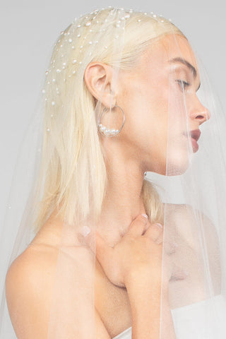 Ariel Taub Royalty Two-Tier Cathedral Veil with Heavy Pearl Top at Mae Bridal, two tier pearl veil, cathedral wedding veil, bridal veil