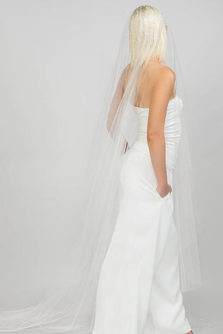 Cathedral wedding veil at Mae Bridal, the Ariel Taub Royalty Two-Tier Cathedral Veil with Heavy Pearl Top