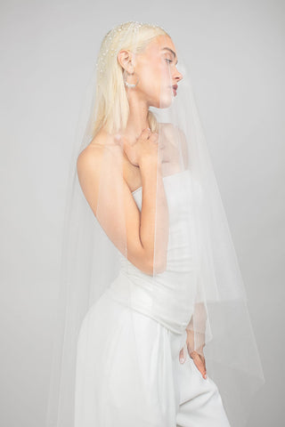 Ariel Taub Royalty Two-Tier Cathedral Veil with Heavy Pearl Top, bridal veil at Mae Bridal
