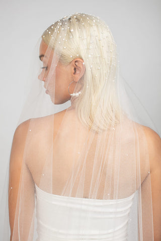 Royalty Two-Tier Cathedral Veil with Heavy Pearl Top from Ariel Taub at Mae Bridal, two tier pearl veil, cathedral wedding veil, bridal veil