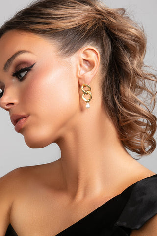 Serena Chain Link & Pearl Drop Earrings by Ariel Taub at Mae Bridal, pearl chain drop earrings, bridal earrings