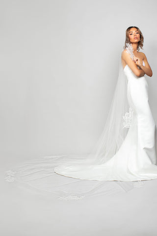 Ariel Taub Sienna Cathedral Mantilla Veil with Beaded Leaf Lace Appliqués at Mae Bridal, mantilla beaded lace veil, cathedral wedding veil, bridal veil