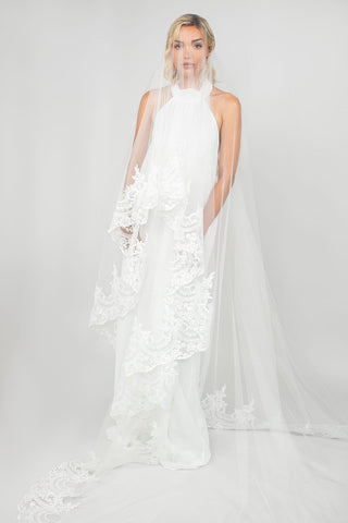 Tiana Two-Tier Cathedral Veil with Wide Lace Trim by Ariel Taub at Mae Bridal, two tier lace veil, cathedral wedding veil