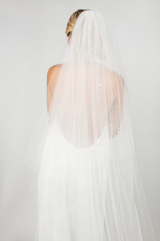 Ariel Taub Twinkle Cathedral Veil with Pearls & Crystals at Mae Bridal, crystal pearl veil, cathedral wedding veil, bridal veil
