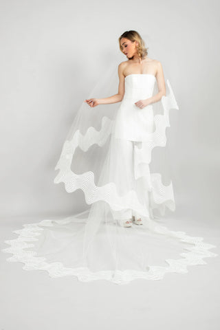 Ariel Taub Valencia Wave Lace Cathedral Veil at Mae Bridal, wave lace veil, cathedral wedding veil, bridal veil