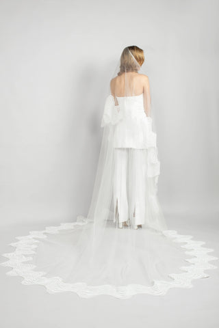 Cathedral wedding veil at Mae Bridal, the Ariel Taub Valencia Wave Lace Cathedral Veil