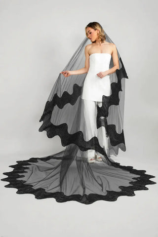 Ariel Taub Valencia Wave Lace Cathedral Veil, bridal veil at Mae Bridal