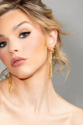 Bridal earrings at Mae Bridal, the Ariel Taub Valerie Fringe Knot Earrings in Gold, gold colorway shown