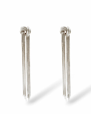 Ariel Taub Valerie Fringe Knot Earrings in Silver at Mae Bridal, fringe earrings, bridal earrings, silver wedding earrings, silver colorway shown