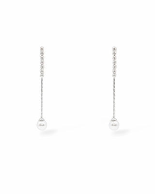 Ariel Taub Victoria Crystal and Pearl Drop Earrings in Silver at Mae Bridal, crystal pearl drop earrings, bridal earrings, silver wedding earrings, silver colorway shown
