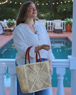 Cheval Lace Pattern Medium Crochet Raffia Straw Basket Bag