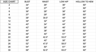 Claire La Faye size chart at Mae Bridal, bust waist and hip measurements for made to order bridal