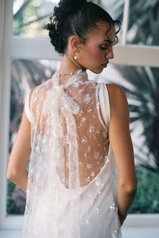 Claire La Faye Cosette Overlay Dress second angle at Mae Bridal, sequin bridal overlay, second look wedding dress, bridal topper
