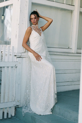 Claire La Faye Cosette Overlay Dress detail at Mae Bridal, sequin bridal overlay, second look wedding dress, bridal topper