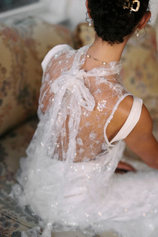 Claire La Faye Cosette Overlay Dress on model, second look at Mae Bridal, sequin bridal overlay, second look wedding dress, bridal topper
