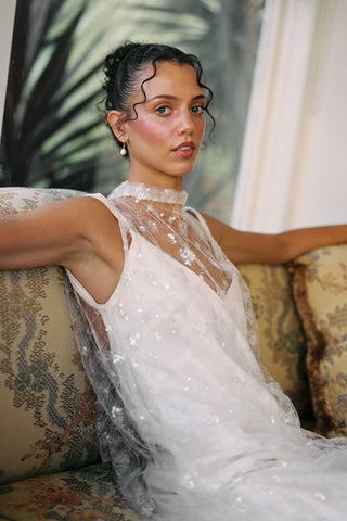 Claire La Faye Cosette Overlay Dress third angle at Mae Bridal, sequin bridal overlay, second look wedding dress, bridal topper