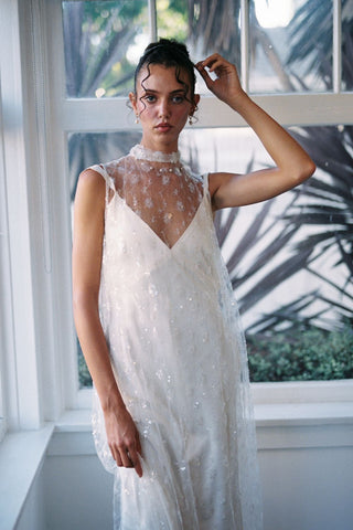 Claire La Faye Cosette Overlay Dress close detail at Mae Bridal, sequin bridal overlay, second look wedding dress, bridal topper