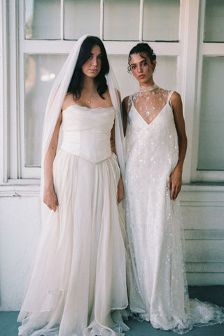 Claire La Faye Cosette Overlay Dress fourth angle at Mae Bridal, sequin bridal overlay, second look wedding dress, bridal topper