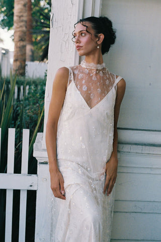 Claire La Faye Cosette Overlay Dress back view at Mae Bridal, sequin bridal overlay, second look wedding dress, bridal topper