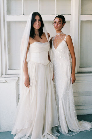 Claire La Faye Cosette Overlay Dress on model, full length at Mae Bridal, sequin bridal overlay, second look wedding dress, bridal topper