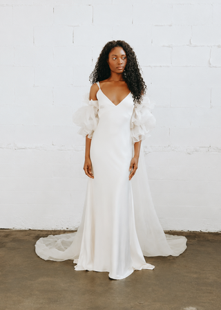 Claire La Faye Empress Silk Robe ruffled silk organza robe with balloon sleeves at Mae Bridal, bridal robe, silk organza robe, bridal cape