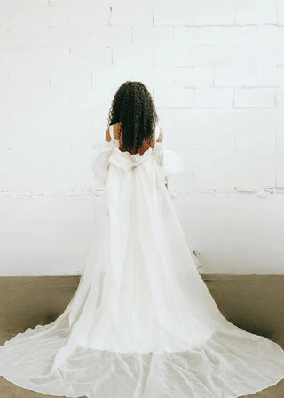Claire La Faye Empress Silk Robe full length with 24 inch train at Mae Bridal, bridal robe, silk organza robe, bridal cape