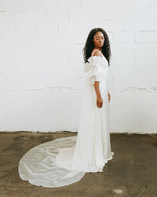 Claire La Faye Empress Silk Robe off-shoulder ruffle detail at Mae Bridal, bridal robe, silk organza robe, bridal cape