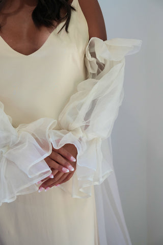 Claire La Faye Empress Silk Robe styled over a slip at Mae Bridal, bridal robe, silk organza robe, bridal cape