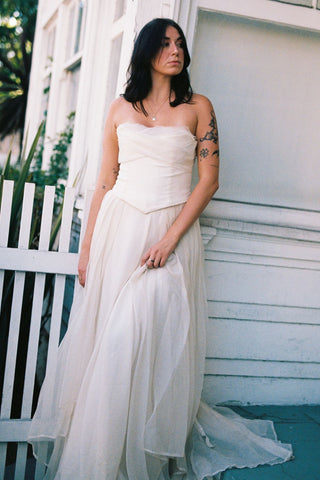Claire La Faye Nova Skirt second angle at Mae Bridal, silk organza wedding skirt, bridal skirt with train, two piece wedding dress