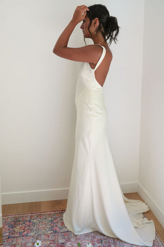 Claire La Faye Simone Dress open scoop back at Mae Bridal, silk slip dress, bias cut wedding dress, satin slip dress