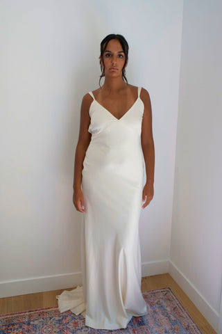 Claire La Faye Simone Dress front view at Mae Bridal, silk slip dress, bias cut wedding dress, satin slip dress