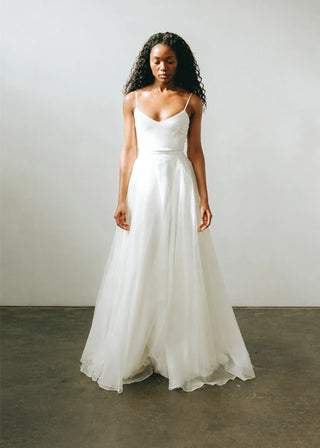 Claire La Faye Solana Skirt on model, full length at Mae Bridal, silk organza bridal skirt, bridal separates, wedding skirt
