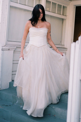 Claire La Faye Tempest Bodice on model, bodice detail at Mae Bridal, silk organza bridal corset, bridal corset top, bridal separates