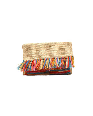 Coco Crochet Raffia Straw Envelope Clutch Purse with Raw Fringe Trim Edge