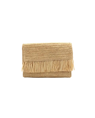 Coco Crochet Raffia Straw Envelope Clutch Purse with Raw Fringe Trim Edge