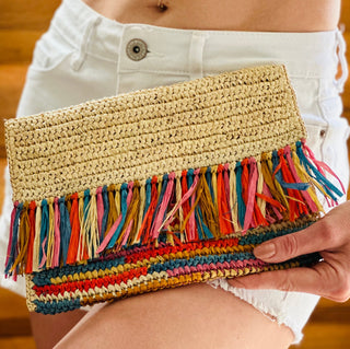 Coco Crochet Raffia Straw Envelope Clutch Purse with Raw Fringe Trim Edge