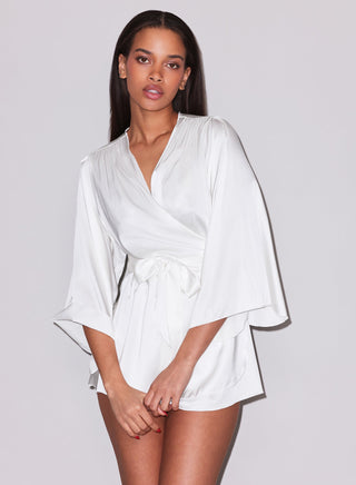 Fleur du Mal Angel Sleeve Robe on model, fourth angle at Mae Bridal, honeymoon robe, wide sleeve robe, bridal sleepwear