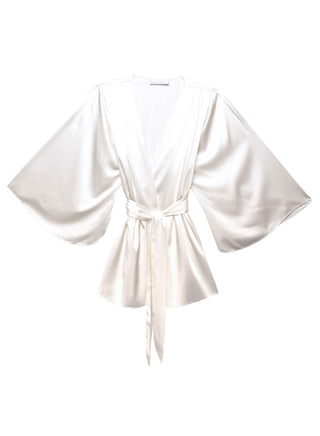Fleur du Mal Angel Sleeve Robe on model, second angle at Mae Bridal, ivory bridal robe, silk robe bride, bridal dressing gown