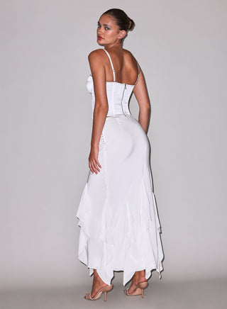 Fleur du Mal Eva Skirt flat lay at Mae Bridal, maxi bridal skirt, white silk skirt, bridal two piece