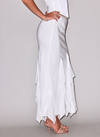 Fleur du Mal Eva Skirt on model, second angle at Mae Bridal, second look wedding dress, cascade skirt, ivory bridal skirt