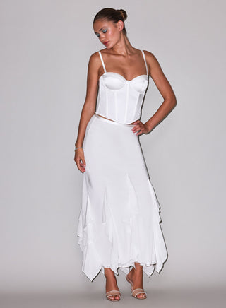 Fleur du Mal Eva Skirt on model, third angle at Mae Bridal, wedding reception skirt, two piece wedding dress, silk charmeuse waistband