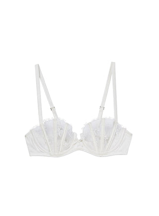 Fleur du Mal Frankie Lace Boned Balconette flat lay at Mae Bridal, bras for bridal gowns, silk boning bra, bridal dress bra