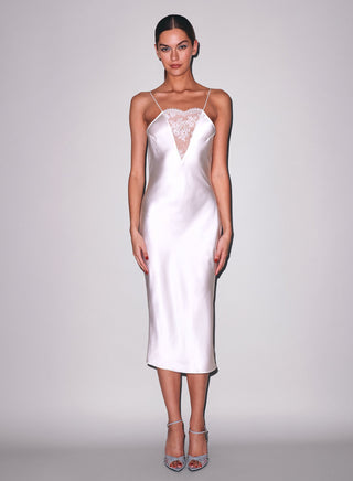 Fleur du Mal Frankie Lace Slip Dress on model, fifth angle at Mae Bridal, elopement dress, bridal midi dress, long slip dress