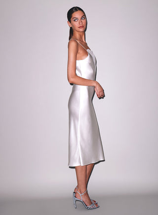 Fleur du Mal Frankie Lace Slip Dress on model, third angle at Mae Bridal, ivory slip dress, courthouse wedding dress, satin slip dress