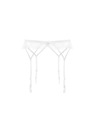 Fleur du Mal Frankie Lace Strappy Garter Belt flat lay at Mae Bridal, scalloped lace garter, luxury wedding underwear, frankie lace garter belt