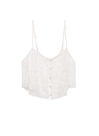 Fleur du Mal Jasmine Lace Flutter Cami flat lay at Mae Bridal, bridal shower top, wedding lingerie, honeymoon lingerie