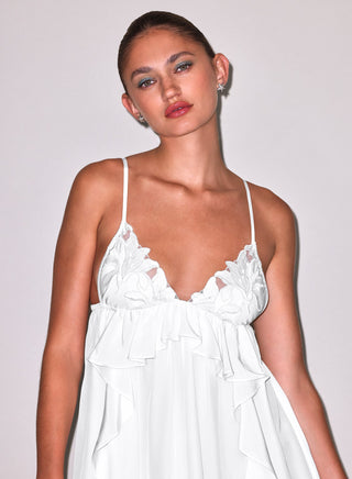 Fleur du Mal Lily Babydoll Dress on model, fifth angle at Mae Bridal, wedding night undergarments, ruffle babydoll, bridal boudoir lingerie